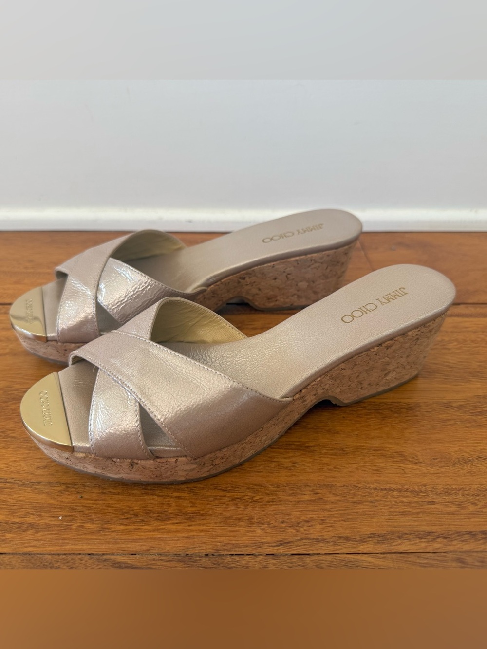 Jimmy Choo Panna Cork Wedge in Metallic Taupe Nude, EU 37